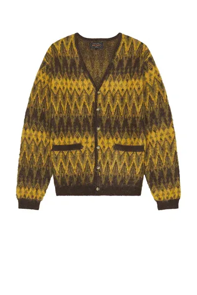 Beams Cardigan Double Jacquard Chevron Pattern In Brown