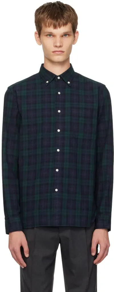 Beams Navy & Green Button Down Shirt In Indigo Black Watch90