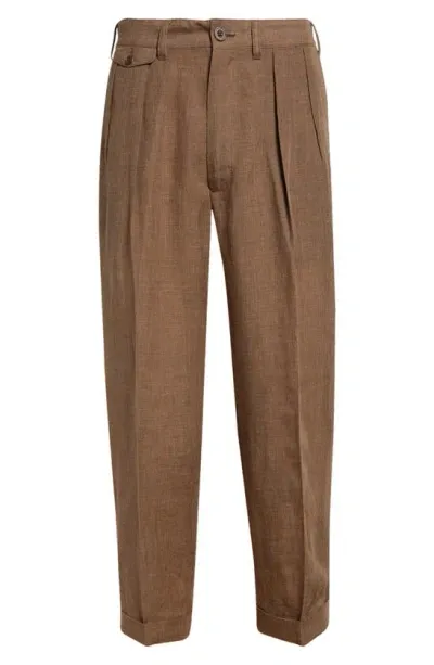 Beams Pleated Tapered Leg Linen Blend Pants In Brown