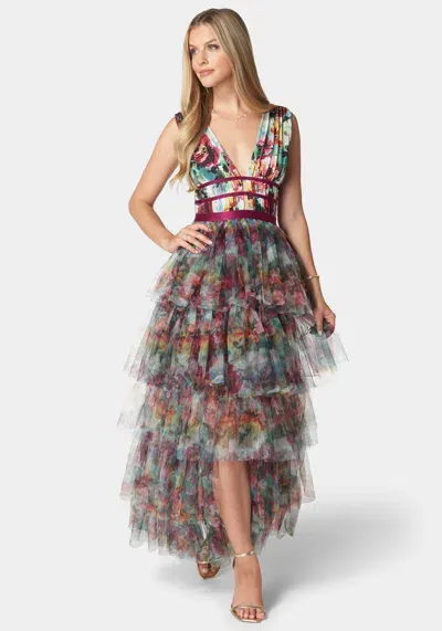 Bebe Tiered High Low Mesh Dress In Falling For Floral