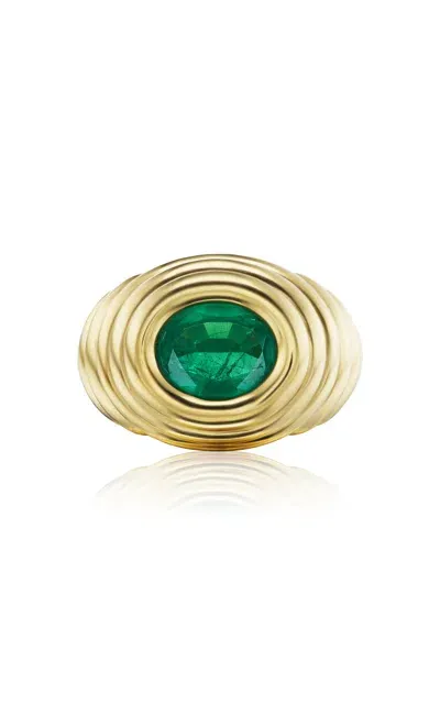 Beck Jewels 18k Yellow Gold Ripple Pinky Ring With Oval Emerald