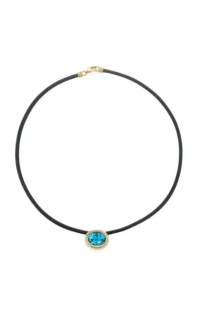 Beck Jewels 18k Yellow Gold Scuba Leather Choker With Blue Topaz In Black