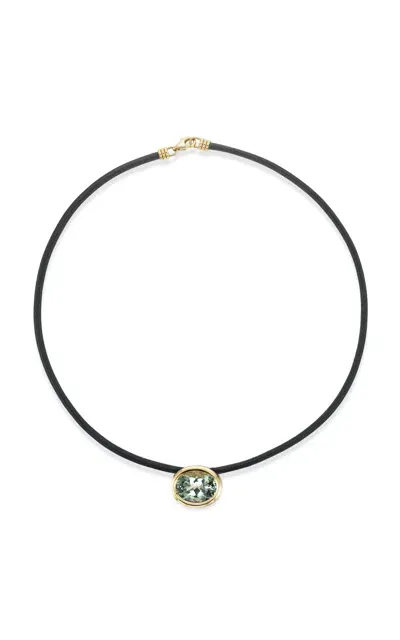 Beck Jewels 18k Yellow Gold Scuba Leather Choker With Faceted Green Amethyst In Black