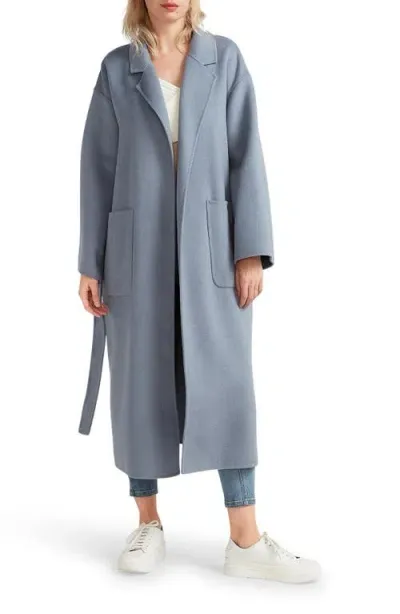 Belle & Bloom Wide Awake Split Hem Overcoat In Denim Blue