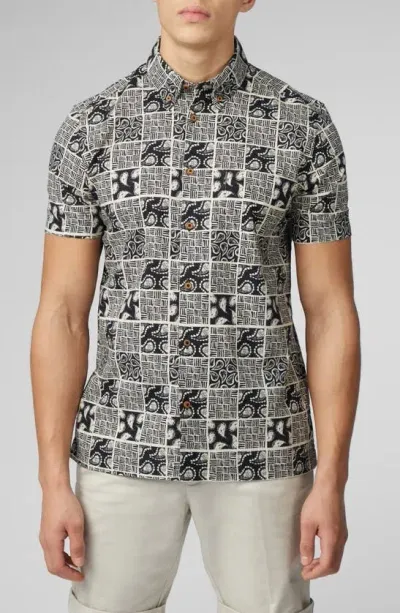 Ben Sherman Checkerboard Paisley Print Short Sleeve Button-down Shirt In Black