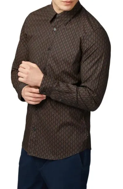 Ben Sherman Linear Geo Print Organic Cotton Button-up Shirt In Brown/black