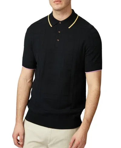 Ben Sherman Men's Regular-fit Tonal Textured Tartan Tipped Polo Shirt In Black