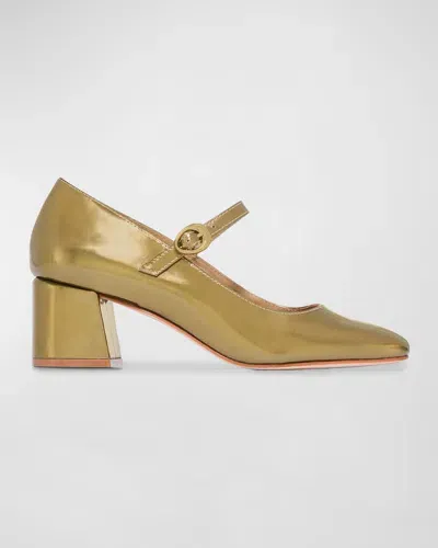 Bernardo Ancona Patent Mary Jane Pumps In Antique Gold Mirror Metallic Calf