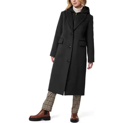 Bernardo Long Coat With Hooded Quilted Bib In Black