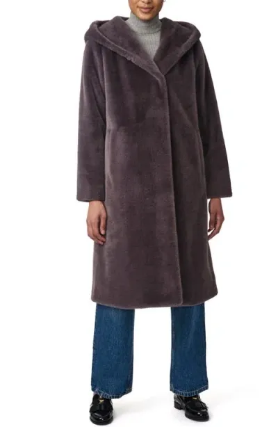 Bernardo Shawl Collar Hoodded Faux Fur Coat In Graphite