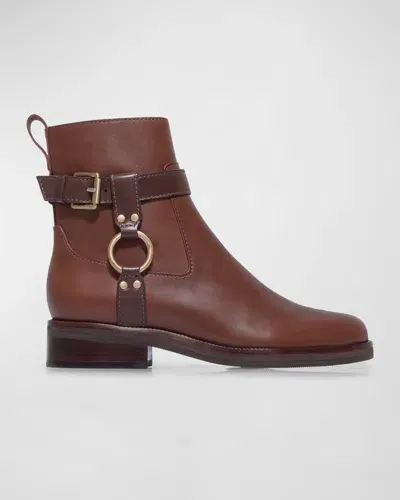 Bernardo Trya Leather Harness Moto Booties In Mahogany/dark Chocolate Antique Calf