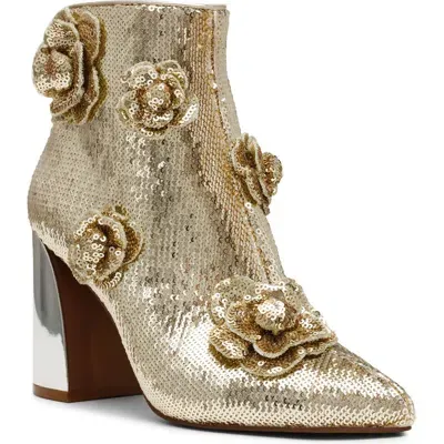 Betsey Johnson Finlee Sequin Flower Pointed Toe Bootie In Pale Gold