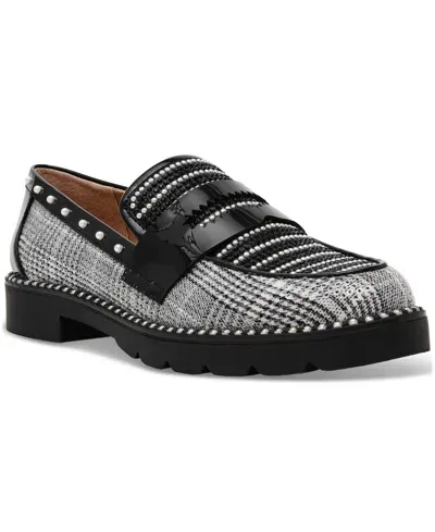 Betsey Johnson Women's Darian Pearl-embellished Tailored Lug-sole Loafers In Black,white Houndstooth