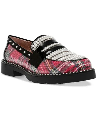 Betsey Johnson Women's Darian Pearl-embellished Tailored Lug-sole Loafers In Red Plaid