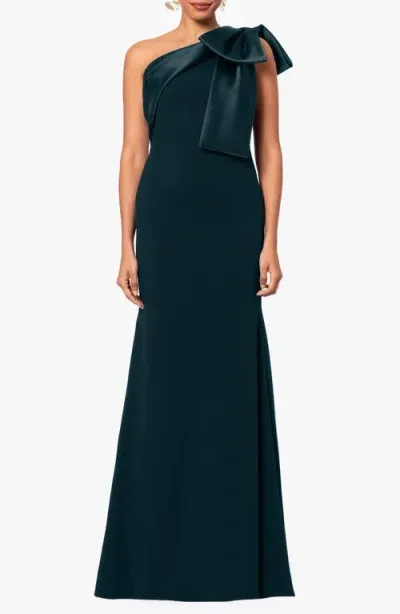 Betsy & Adam Bow One-shoulder Crepe Mermaid Gown In Pine