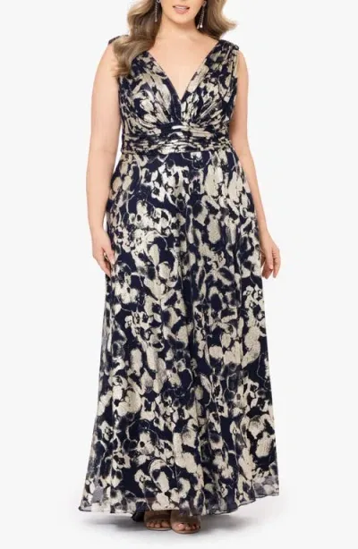 Betsy & Adam Foil Print Sleeveless Mesh Gown In Navy/gold