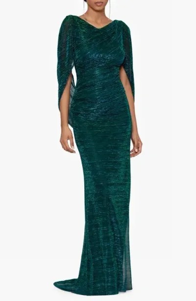 Betsy & Adam Metallic Drape Sleeve Sheath Gown In Jade