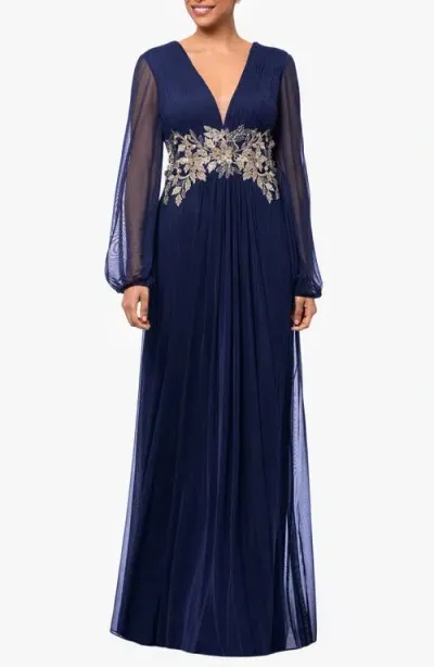 Betsy & Adam Metallic Floral Appliqué Long Sleeve Gown In Navy/gold