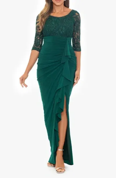 Betsy & Adam Metallic Lace & Chiffon Gown In Pine