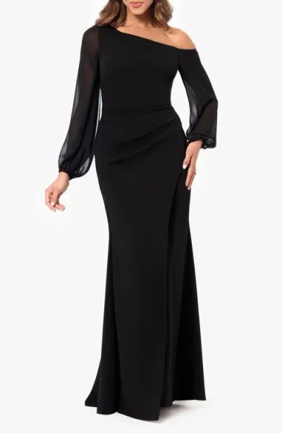 Betsy & Adam Petite One-shoulder Sheer-sleeve Evening Gown In Black