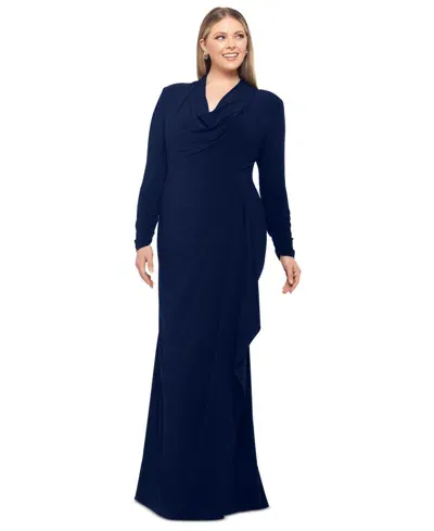 Betsy & Adam Plus Size Cowlneck Side-draped Dress In Navy