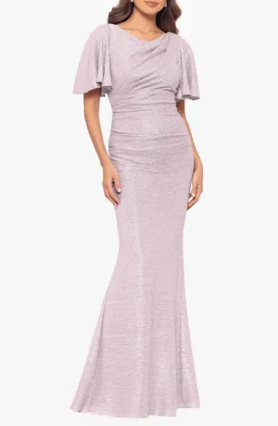 Betsy & Adam Quicksilver Flutter Sleeve Trumpet Gown In Blush/silver