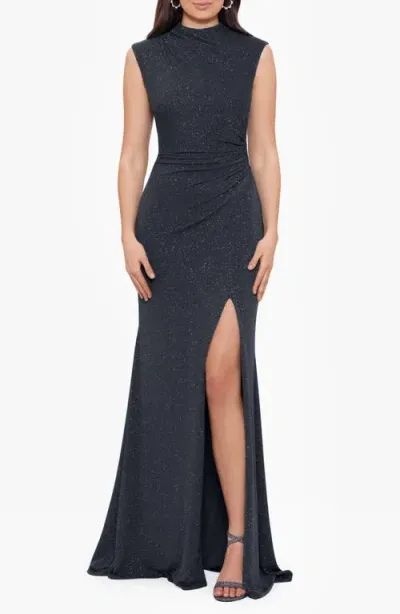 Betsy & Adam Ruched Glitter Gown In Black/silver