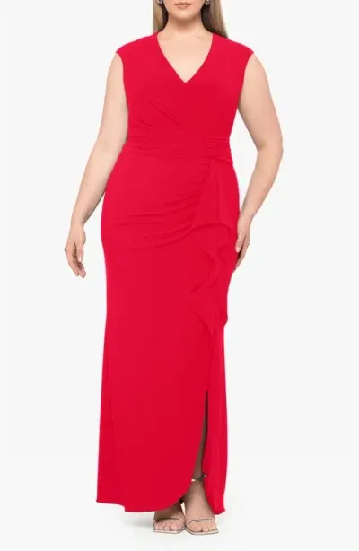 Betsy & Adam Plus V Neck Cascade Ruffle Gown In Red