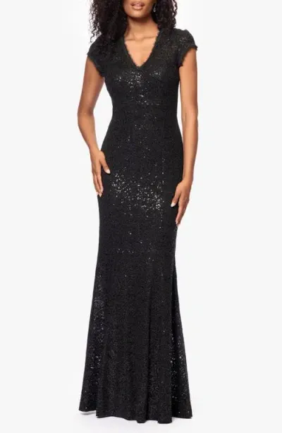 Betsy & Adam Sequin Embroidered Mermaid Gown In Black