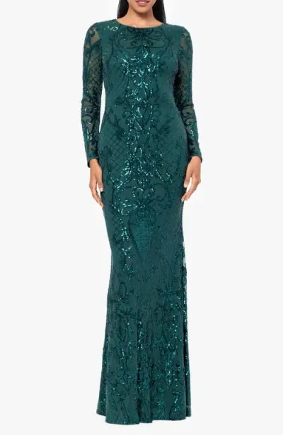 Betsy & Adam Sequin Long Sleeve Mermaid Gown In Emerald