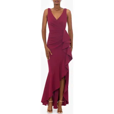 Betsy & Adam V-neck Cascade Ruffle High-low Gown In Bordeaux