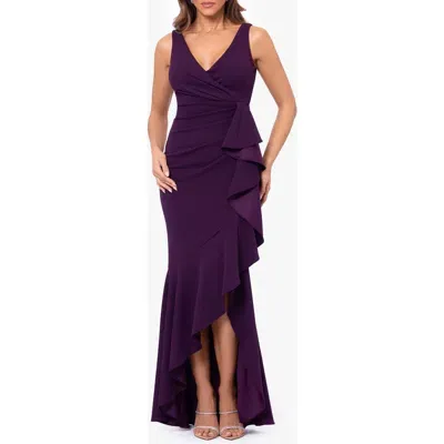 Betsy & Adam V-neck Cascade Ruffle High-low Gown In Mulberry