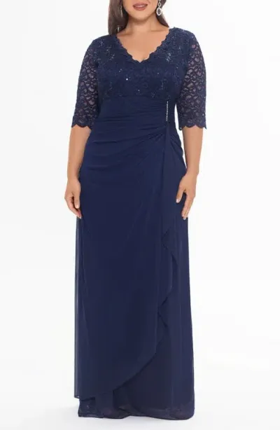 Betsy & Adam V-neck Lace Gown In Navy