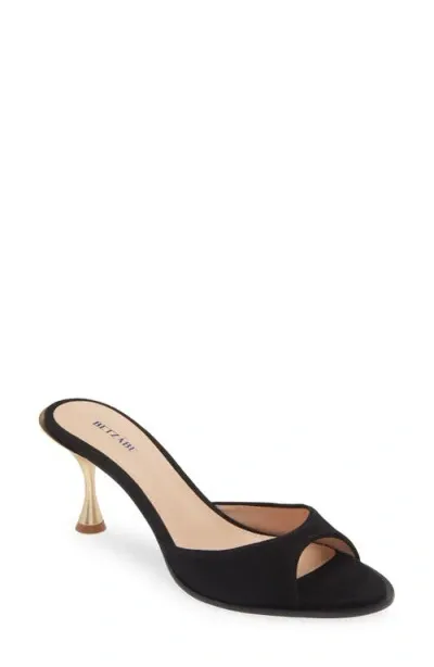 Betzábe Jenni Peep Toe Slide Sandal In Black Suede Matte Gold