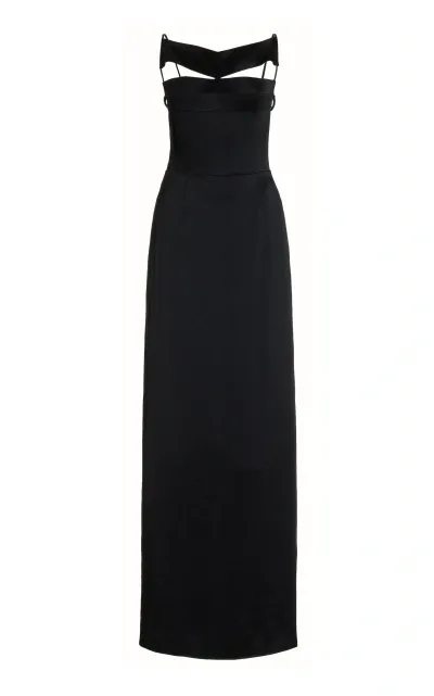 Bevza Dana Open-back Satin Maxi Dress In Black