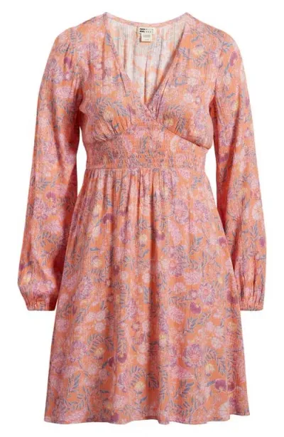 Billabong In Ur Dreams Long Sleeve Smocked Waist Minidress In Peach Paradise