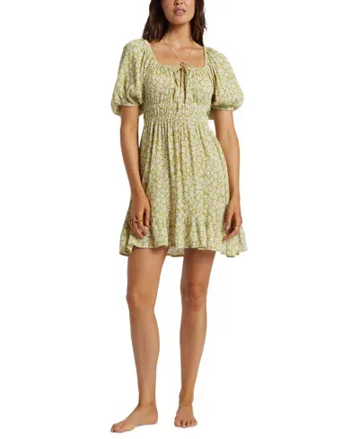 Billabong Cabana Floral Puff Sleeve Minidress In Moss Joy