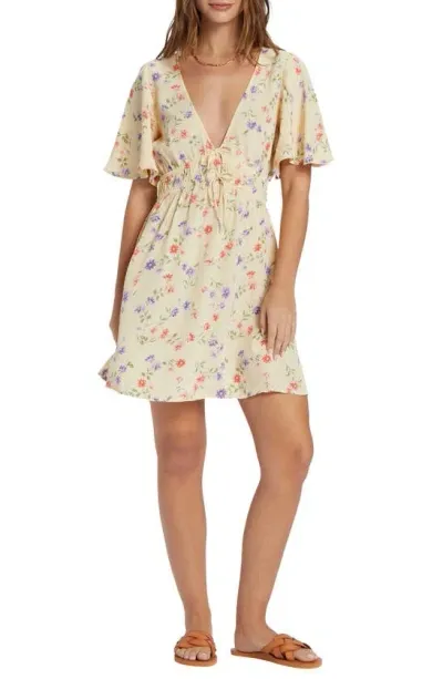 Billabong Kismet Floral Flutter Sleeve Crepe Minidress In Yellow