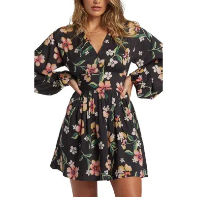 Billabong Nigh Bloom Floral Long Sleeve Minidress In Black Sands