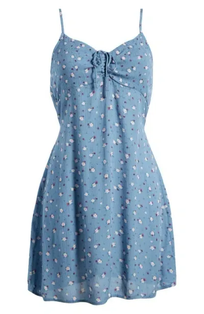 Billabong Sun Chaser Floral Print Ruched Mini Sundress In Blue Shadow