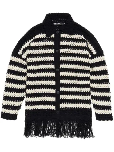 Bimba Y Lola Striped Fringed Open-knit Cardigan In Black