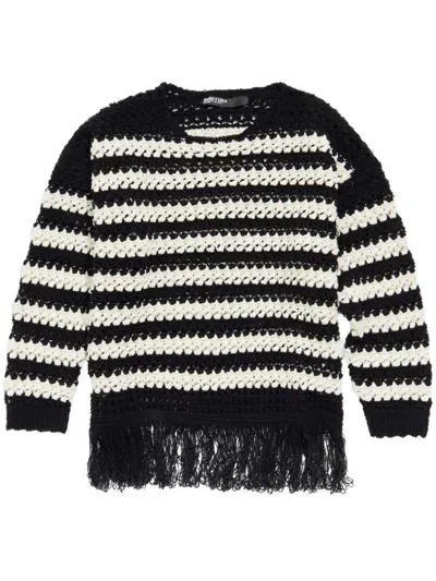 Bimba Y Lola Striped Fringed Open-knit Jumper In Black