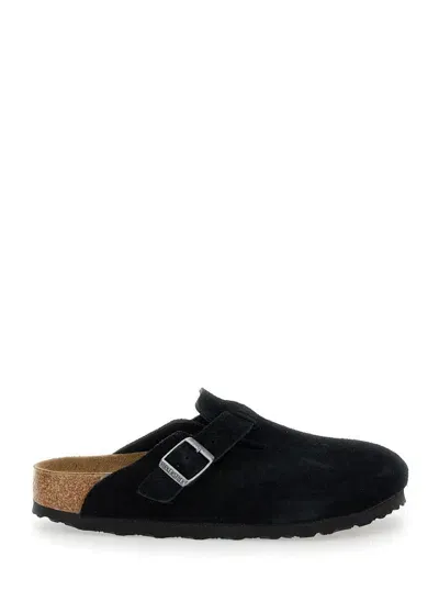 Birkenstock 'boston' Black Slip-on Mules With Buckle In Suede Woman