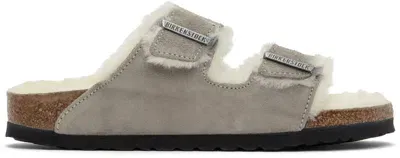 Birkenstock Gray Narrow Arizona Shearling Sandals In Stone Coin