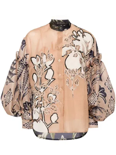 Biyan Floral Print Bishop-sleeves Shirt In Neutrals