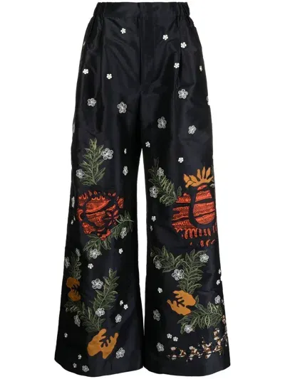 Biyan Wide-leg Floral-print Trousers In Black