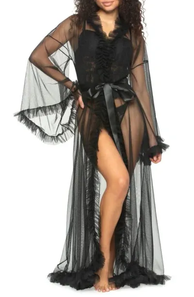 Black Bow Veil Sheer Robe In Black