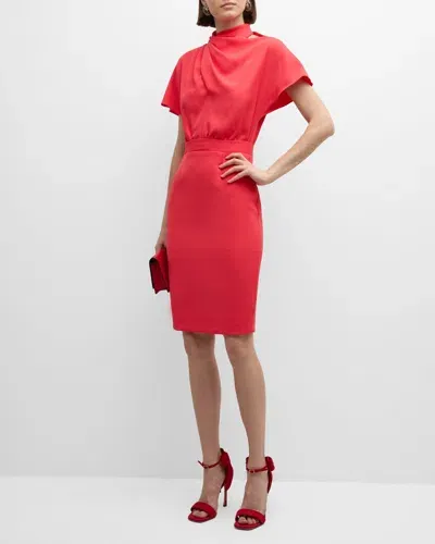 Black Halo Estella Draped High-neck Midi Dress In Hot Coral