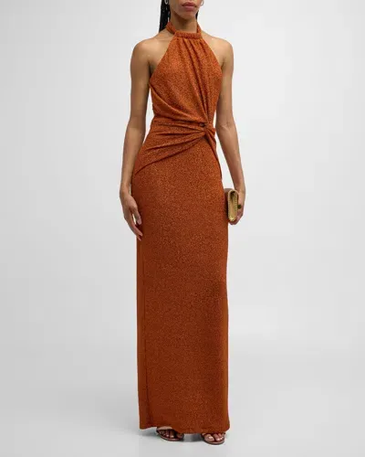 Black Halo Fina Side-twist Shimmer Halter Gown In Radiant Spice