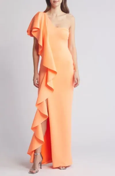 Black Halo Percy Ruffle One-shoulder Gown In Neon Apricot